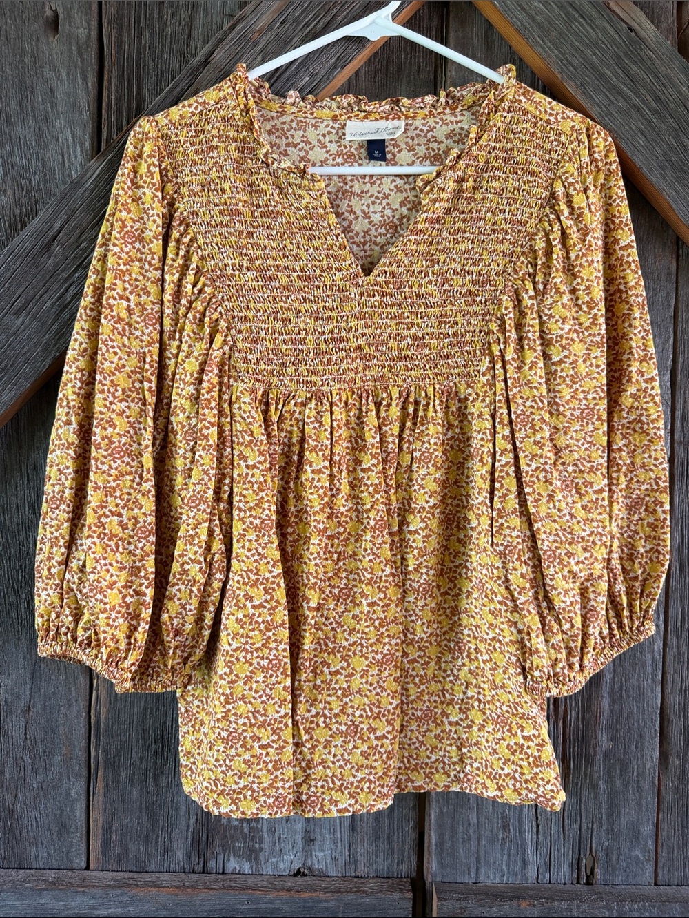 Smocked Floral Peasant Top in Mustard